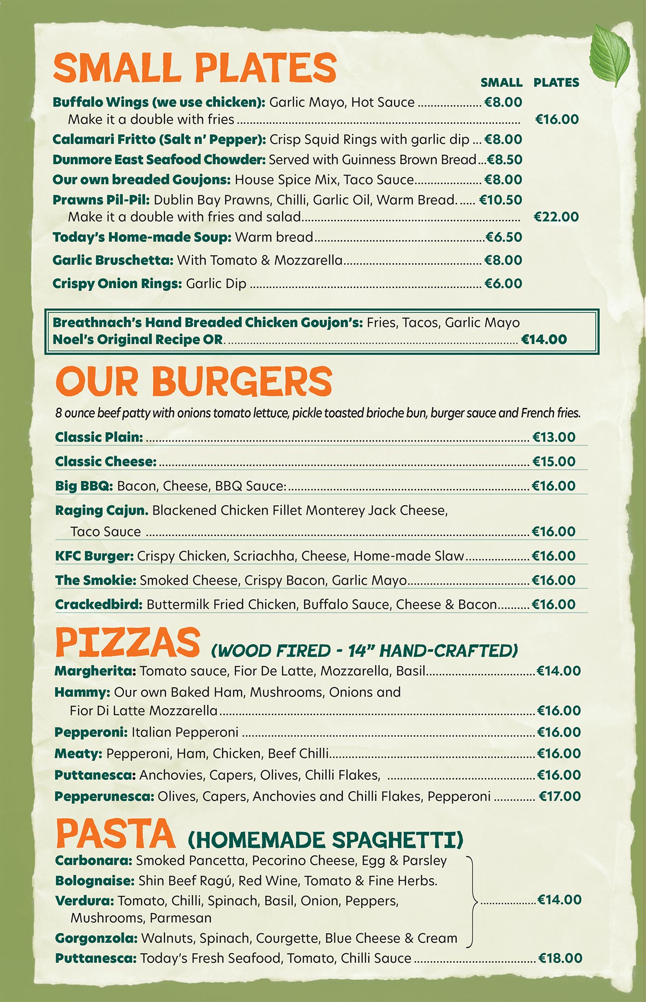 Breathnachs Steak House Kilkenny - Bar Menu