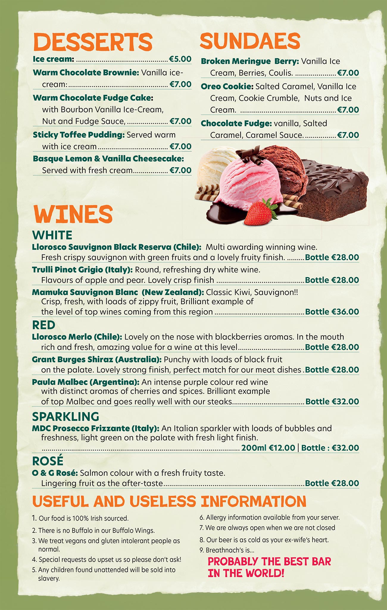 Breathnachs Steak House Kilkenny - Bar Menu